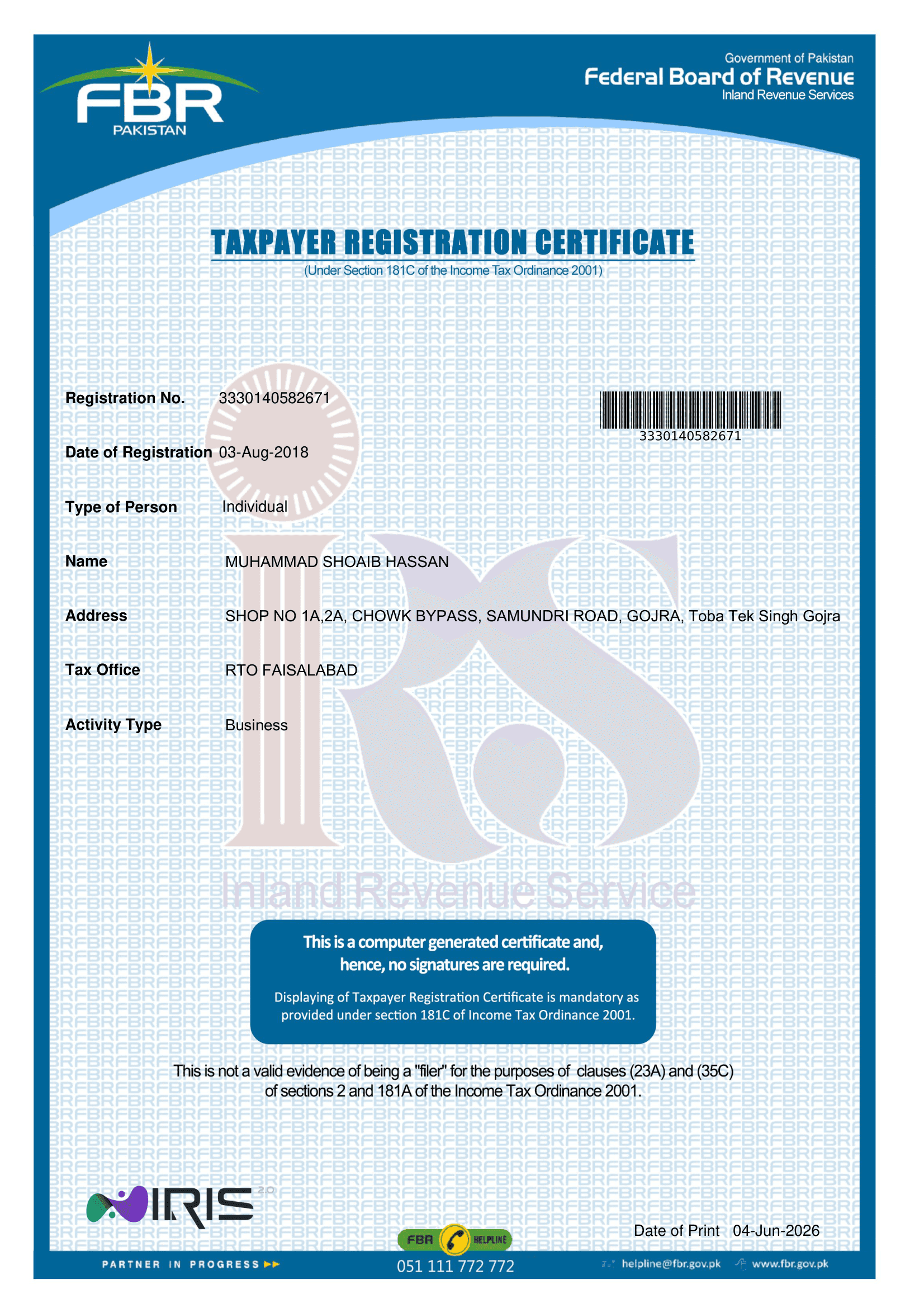 FBR Taxpayer Registration Certificate for Muhammad Shoaib Hassan
